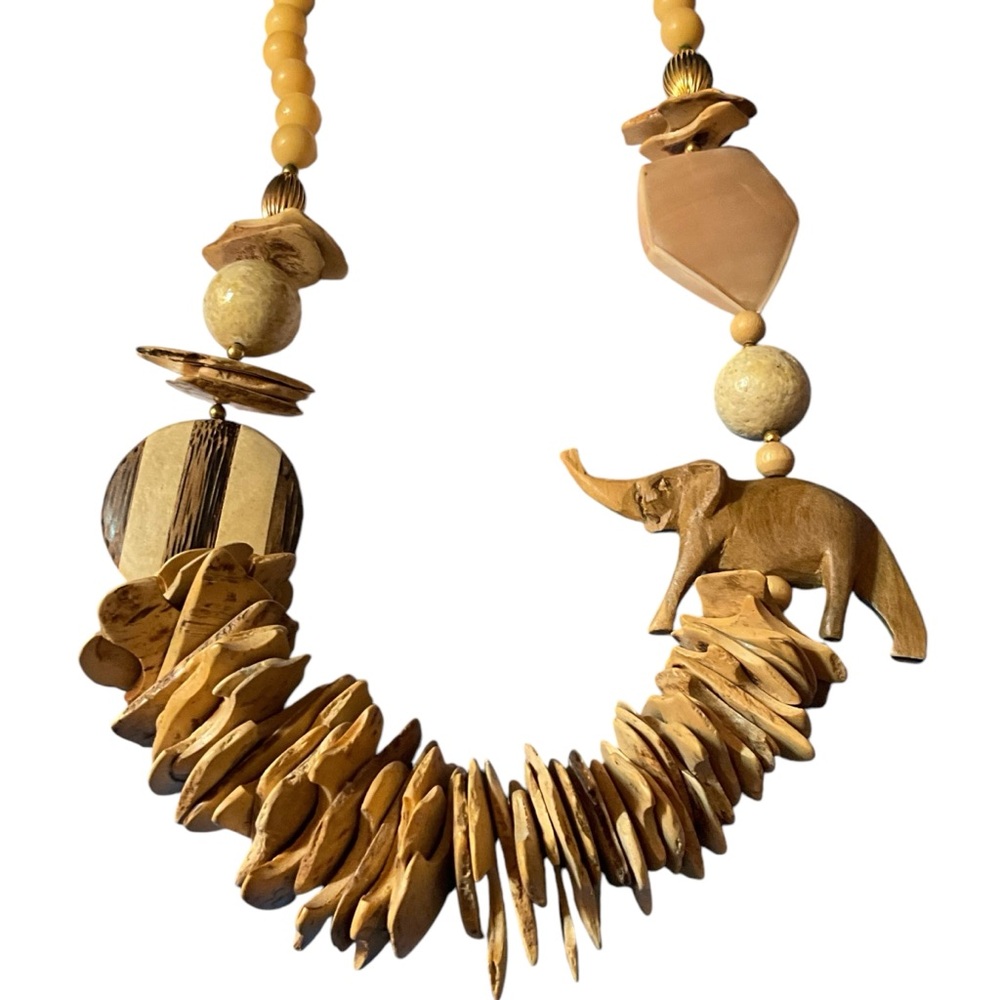 Vintage CHUNKY Wood & Stone Bead Necklace with Hand Carved Wood ELEPHANT 26” - Picture 2 of 8
